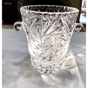 Heavy cut glass vase with handles. EUC.